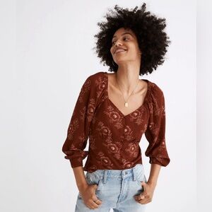 MADEWELL Preston Puff-Sleeve Top in Letterpress Floral STAINED MAHOGANY MEDIUM